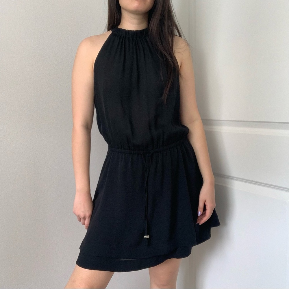A.L.C. Halter Neck 100% Silk Black Drawstring Waist Mini Dress Size 8